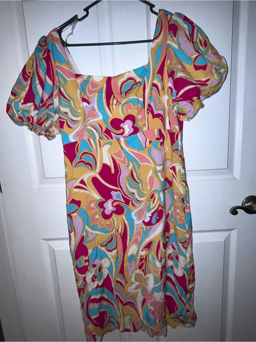 Vibrant Floral Puff-Sleeve Dress in Pink & Yellow